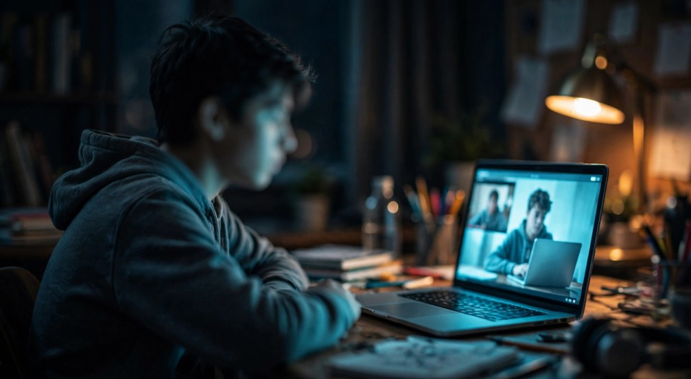 Students collaborating across a video call between two cities